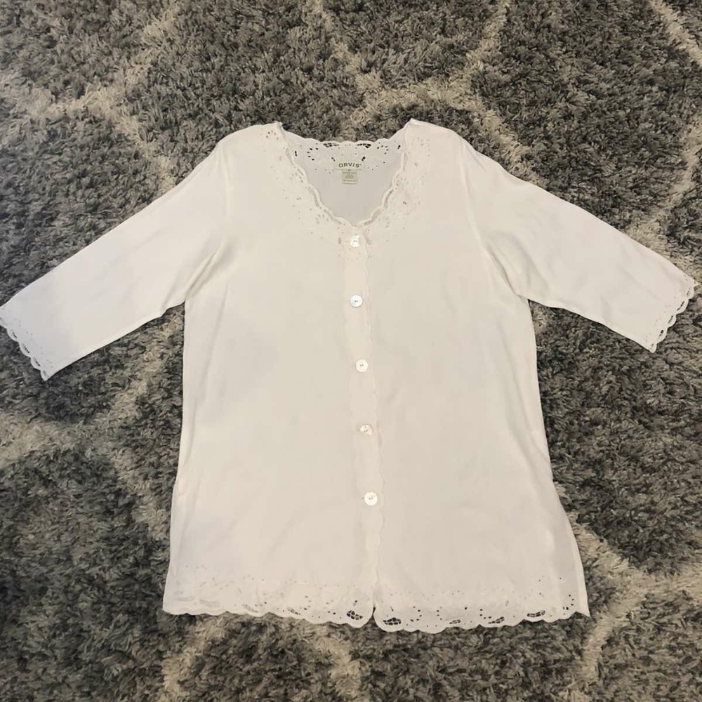 Orvis White Eyelet Trim Button-Front Blouse